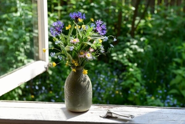Buquê de flores silvestres em um vaso, posicionado sobre uma janela com luz natural entrando, criando uma atmosfera suave e acolhedora.