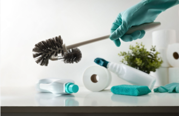 Mão com luva verde limpando torneira de banheiro com esponja amarela, representando o conceito de limpeza e desinfecção doméstica.
