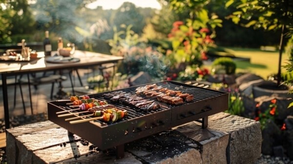 Churrasco em jardim durante o dia, com grelha metálica sobre superfície de pedra, onde são assados espetinhos coloridos com legumes e pedaços de carne.